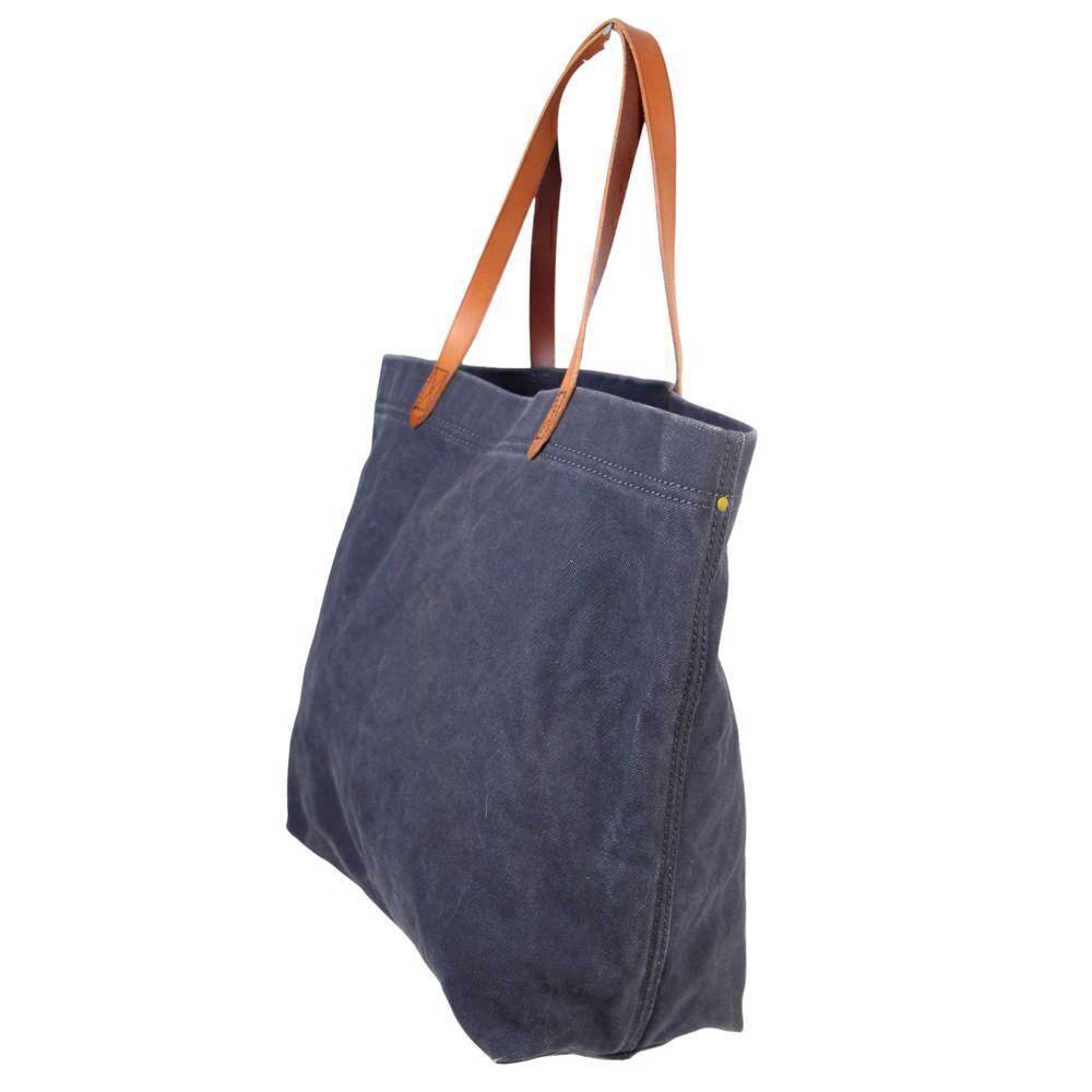 LARGE Madewell DARK BLUE COTTON BROWN LEATHER HANDLES SHOULDER BAG TOTE HANDBAG - Picture 3 of 12